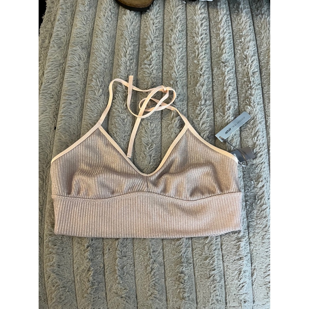 Aerie Real Obsessed Rose Gold Metallic Ribbed Halter Bralette Top NWT